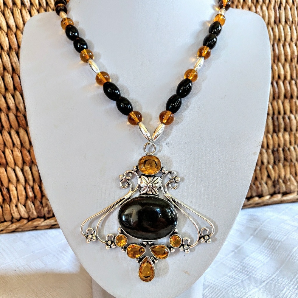 Artist designed necklace SS, Citrine, Black Onyx